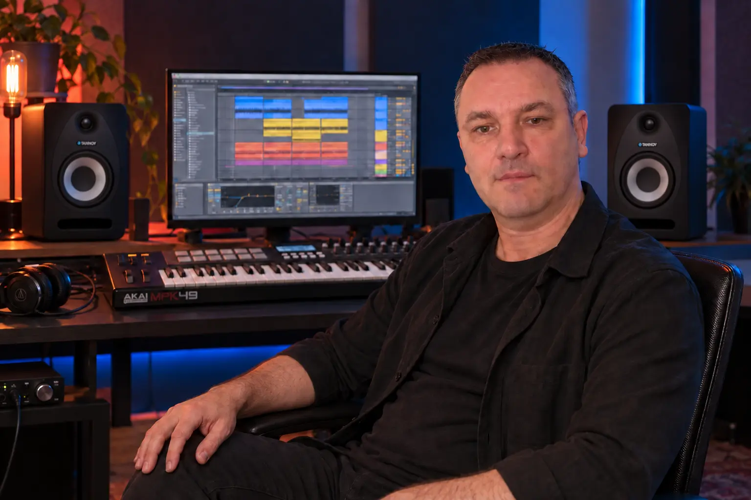 Alen Oversound seated in his production studio